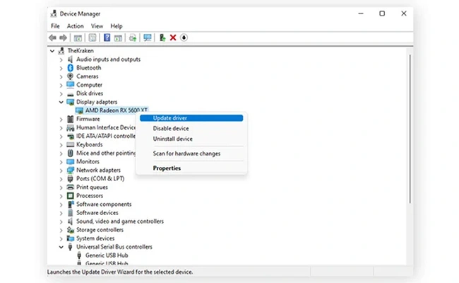 گزینه Update Driver در این عکس نمایی از پنجره Device Manager در ویندوز 11 نمایش داده شده است.