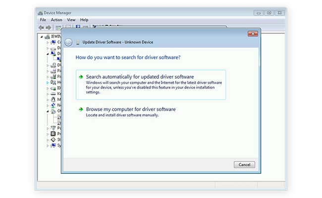پنجره update driver software در این عکس نمایی از پنجره update driver software در ویندوز 7 نمایش داده شده است.