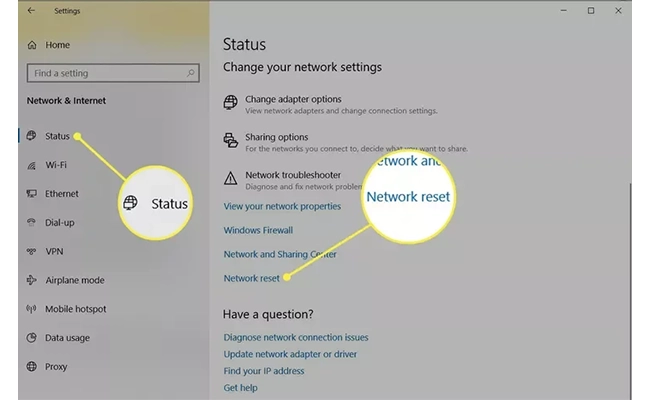 منوی status و لینک network reset در ویندوز 10 تصویر منوی status و لینک network reset در ویندوز 10