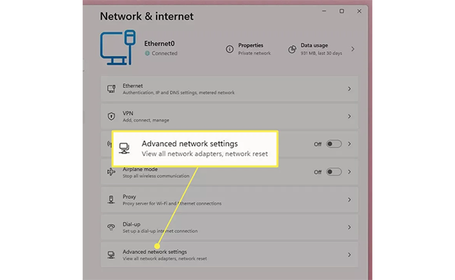 پنجره Advanced network settings در ویندوز 11 تصویر پنجره Advanced network settings در ویندوز 11