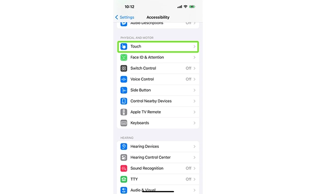 Accessibility را انتخاب کنید. تنظیمات بخش Touch در Accessibility ایفون