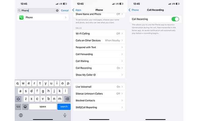ضبط خودکار تماس در iOS 18.1 اسکرین شات فعال کردن تنظیمات ضبط خودکار تماس در iOS 18.1.
