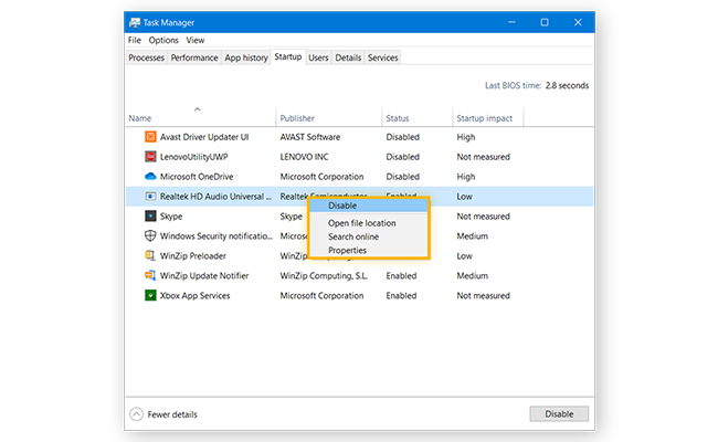 صفحه Task Manager که شامل آیکون تعدادی برنامه است. غیر فعال کردن برنامههای موجود در Task Manager