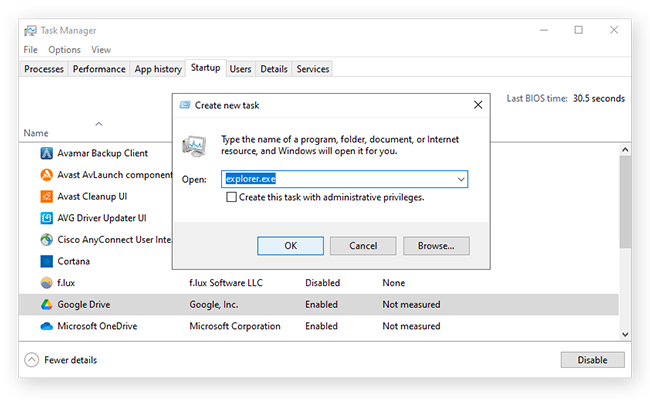 در صفحه Task Manager سیستم، پنجره Create new task باز شده است. کار نکردن ویندوز اکسپلورر از دلایل صفحه سیاه لپتاپ