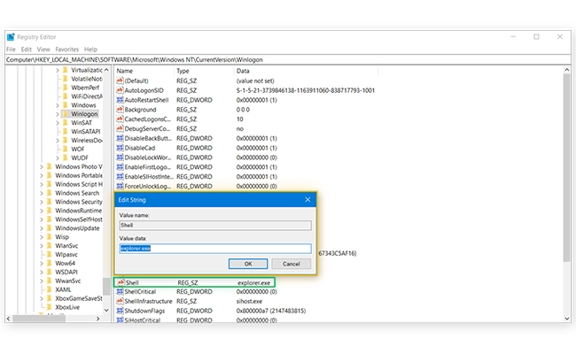 صفحه ویرایش رجیستری که شامل زبانههای مختلف است. بررسی explorer.exe در بخش Value data