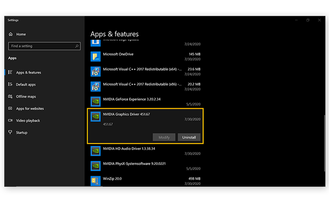 صفحه سیاه نشان دهنده قسمت Apps & features در قسمت تنظیمات سیستم پاک کردن درایورهای گرافیکی، صوتی و شبکه در جهت رفع مشکل صفحه سیاه