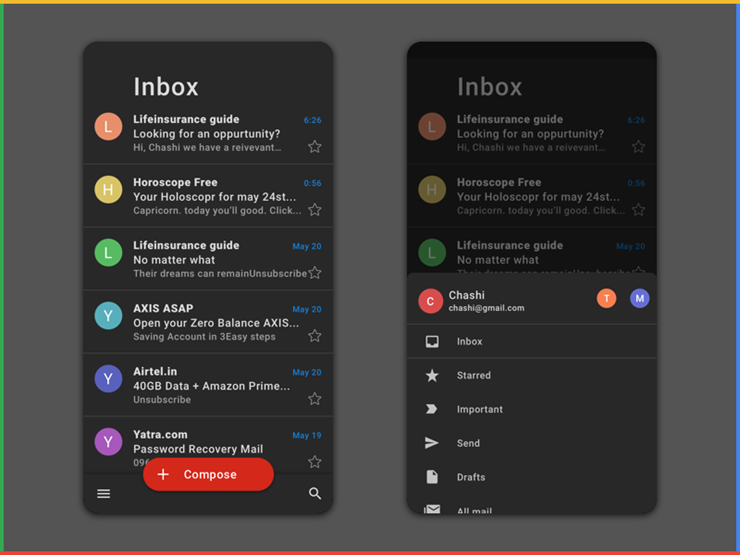 حالت Dark mode برای نرم افزار Gmail